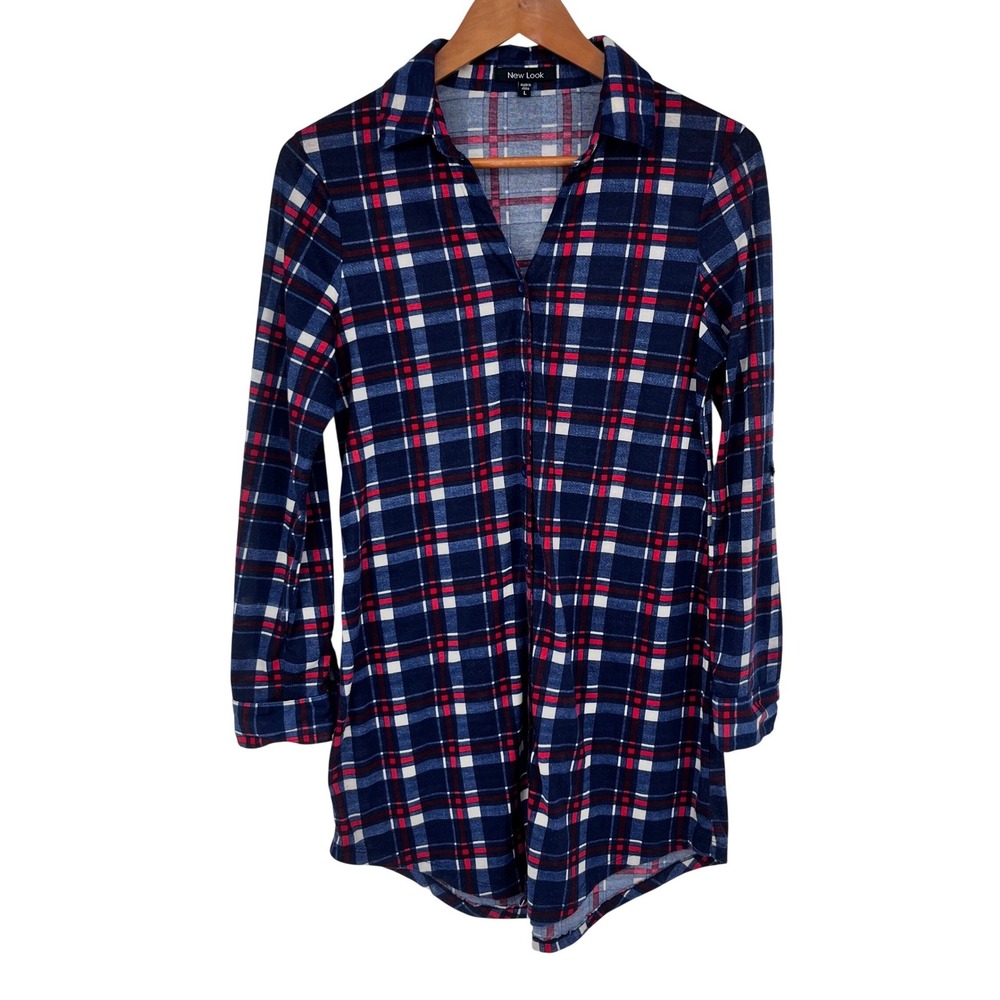 New Look Button Down Tunic Shirt Womens Large Blue Red Plaid V-Neck‎ Long Sleeve